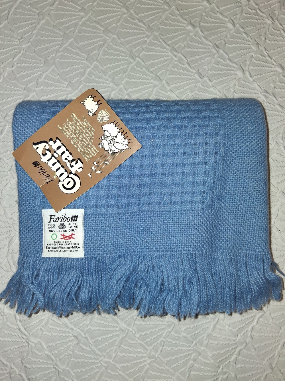 Faribo New Vintage Blanket Light Blue 100% Wool Fringe Accent Pillow Cover Sz